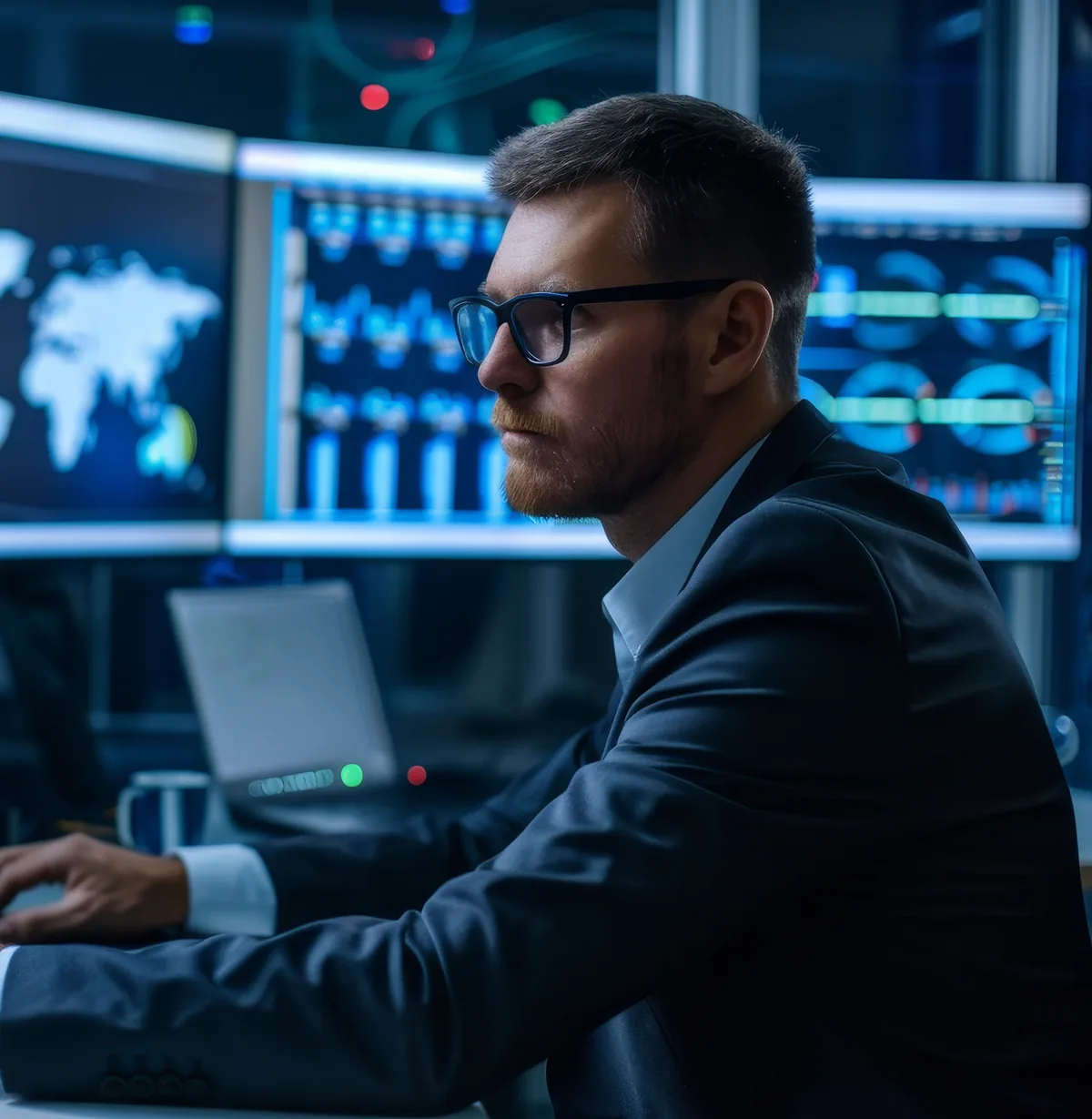 Cyber risk analyst reviewing security monitoring dashboards at a desk