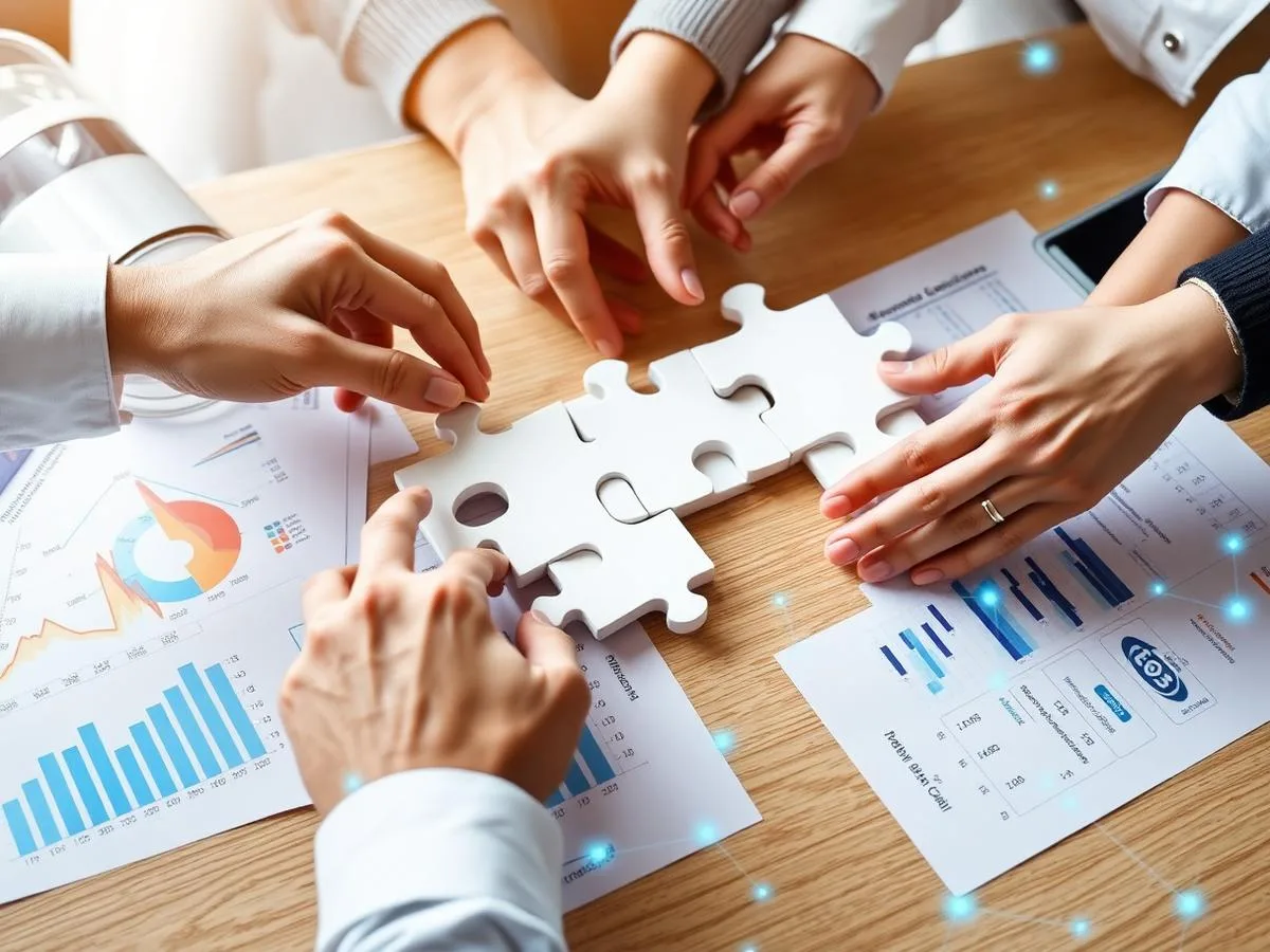 Team connecting puzzle pieces representing integrated business data