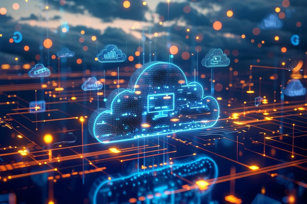 Cloud deployment: connected server nodes linked by gold network lines