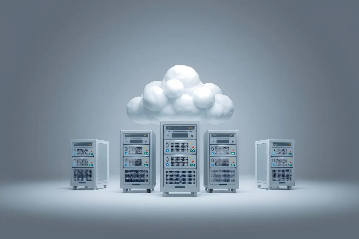 Data migration: glowing data blocks flowing between two storage cylinders