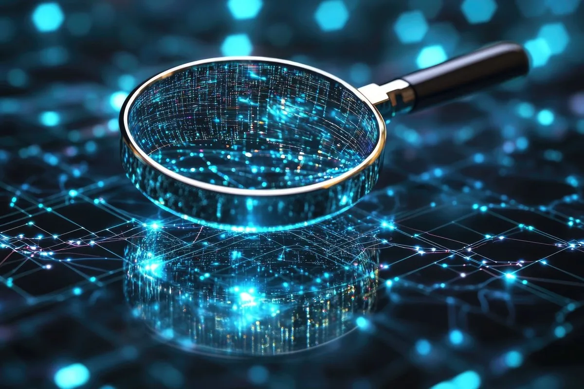 Enterprise search: indexed documents flowing through a glowing gold search beam