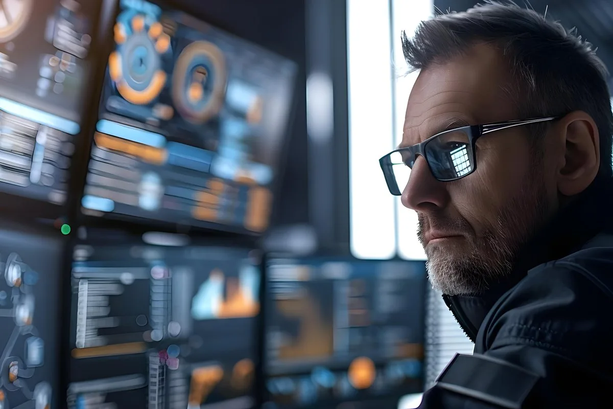 Security analytics: a glowing shield scanning streams of security events